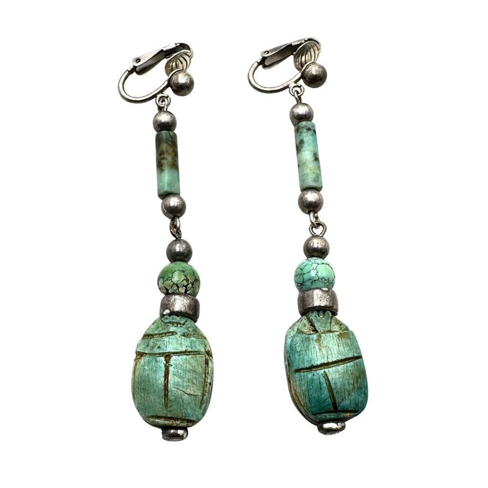 Rare Vintage Carved Blue Green Turquoise Scarb Sterling Silver 3 Inch Clip Earri